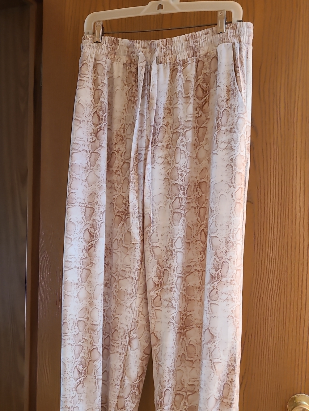 Women’s Beige Snake-Print Drawstring Pants Front & Back Pockets